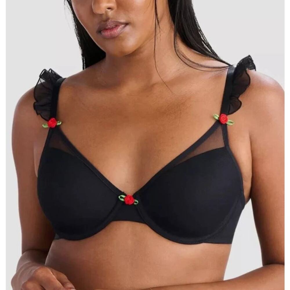Parade Womens Size L Bra Black Rosettes Silky Mesh Flutter Strap T-Shirt Bra